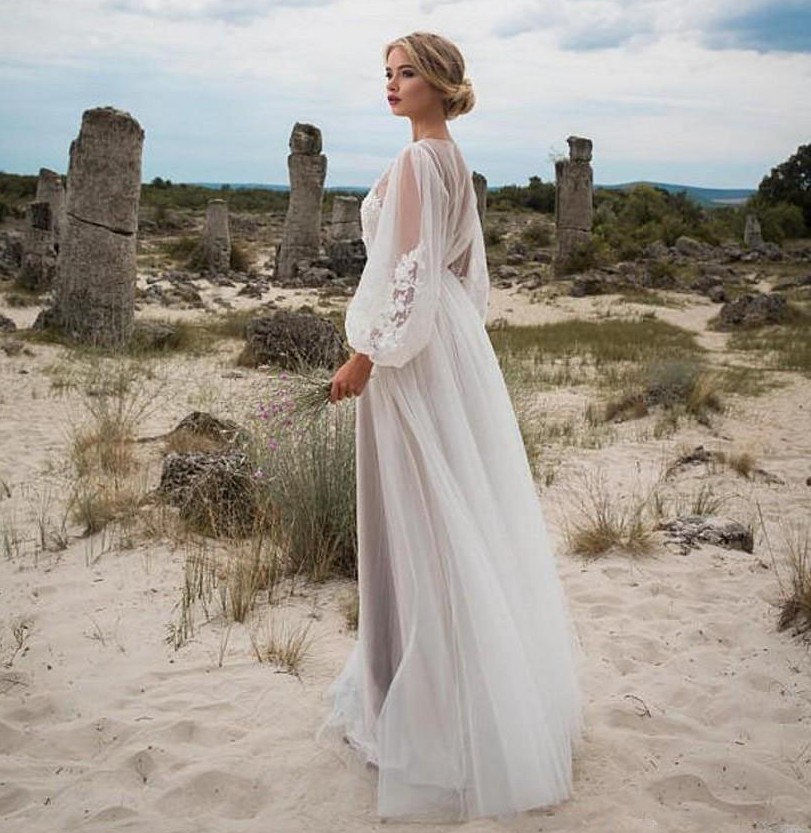 Boho Long Sleeves A Line Wedding Dress 2022 Robe Mariee Vintage Lace Top New Backless Long Sleeve Vestidos De Noiva