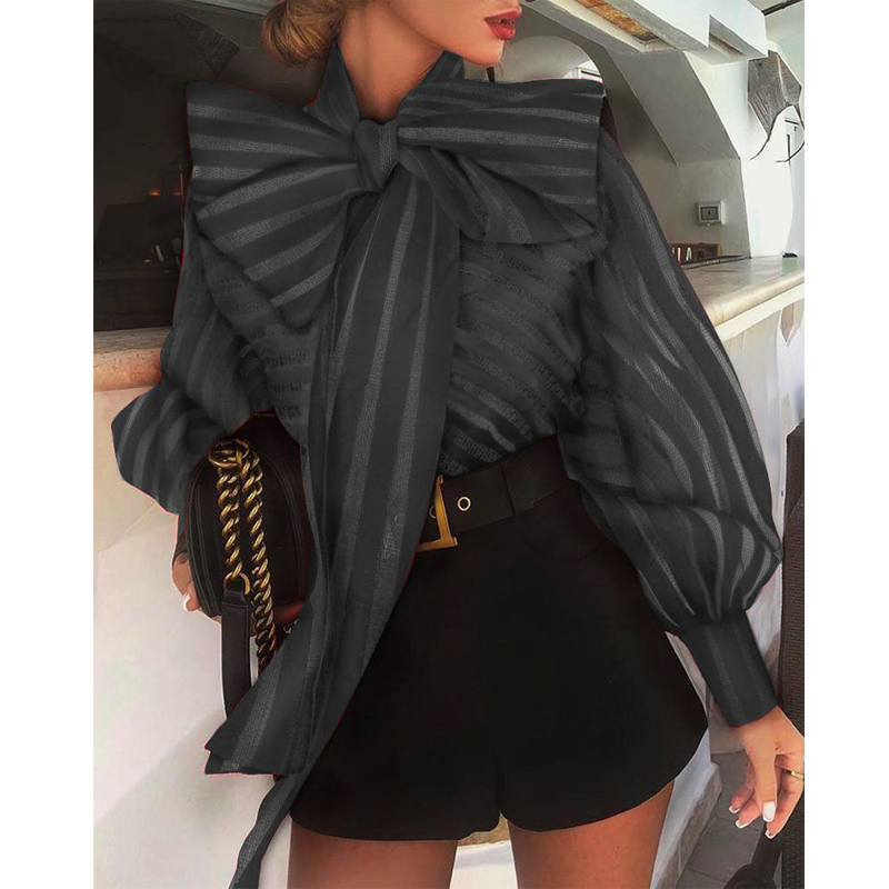 Women's Blouses Shirts Womens Tops Casual Shirt Mesh Long Sleeve Lantern Sleeve Big Bow Striped Tops Formal Blouse Shirts Office Lady Blouse 2208