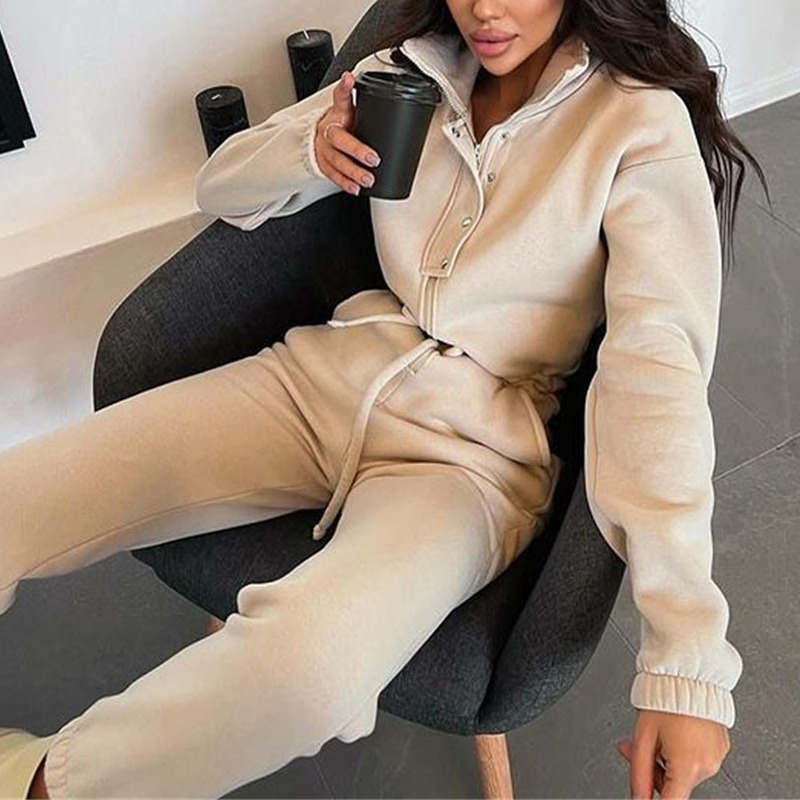Women's Two Piece Pants Women Stand Collar Jumpsuit Autumn Winter Female Zipper Single Breasted Suit Solid Loose Drawstring Rompers Tracksuits 22