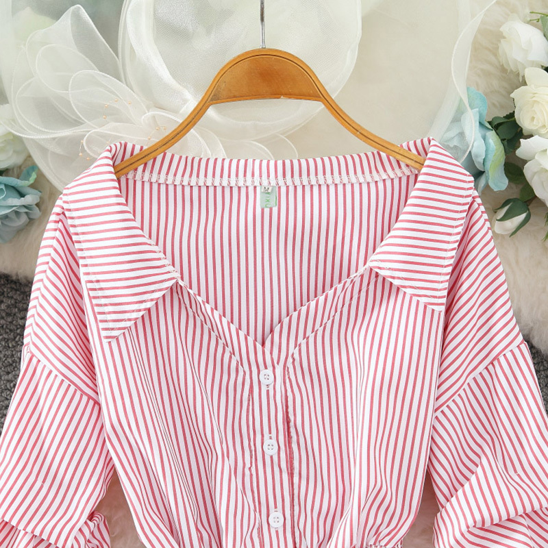 Women's Blouses Shirts stripe blouses Women chiffon longsleeve Tops Fashion Korean shirts Female blouse Spring Autumn princess clothes Vneck 2208
