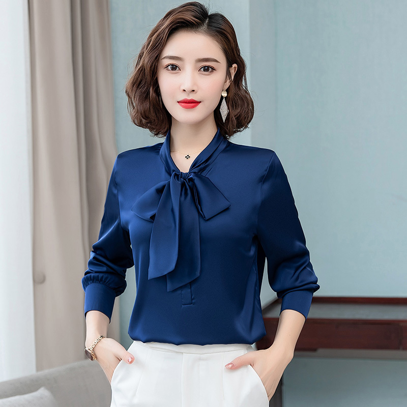 Women's Blouses Shirts Elegant bright color bow satin silk women shirt blouse long sleeve fashion korean office ladies work shirt basic female to