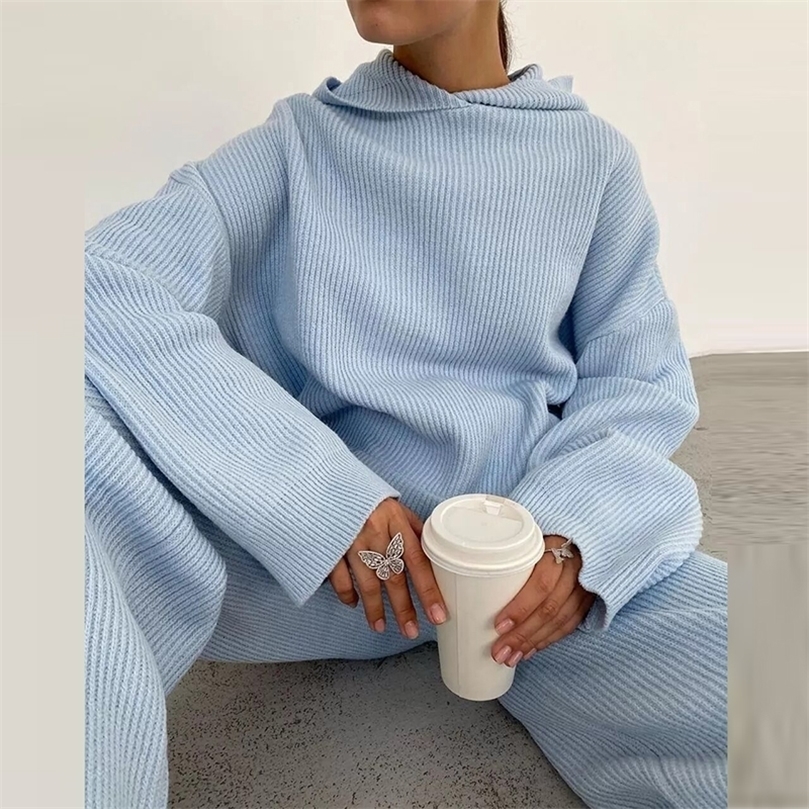 Women's Two Piece Pants Women Solid Knitt Sweater Sets Casual O Neck And Drawstring Wide Leg Pant Suit Autumn Winter Long Sleeve Homewear Loose O