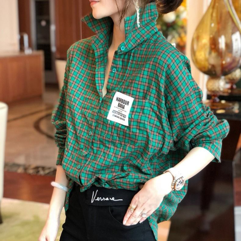 Women's Blouses Shirts Spring Autumn Korea Fashion Women Long Sleeve Plaid Shirts Allmatched Casual Turndown Collar Loose Green Blouses S696 2208