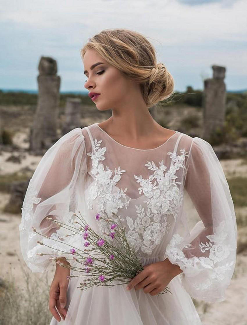 Boho Long Sleeves A Line Wedding Dress 2022 Robe Mariee Vintage Lace Top New Backless Long Sleeve Vestidos De Noiva