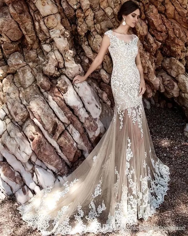 Modest Champagne Mermaid Wedding Dresses with Detachable Skirt White Lace Appliqued Court Train Beach Garden Bridal Gowns BA5359 Free shippi