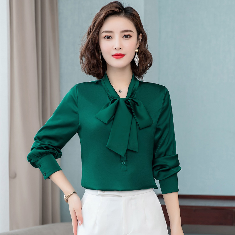 Women's Blouses Shirts Elegant bright color bow satin silk women shirt blouse long sleeve fashion korean office ladies work shirt basic female to