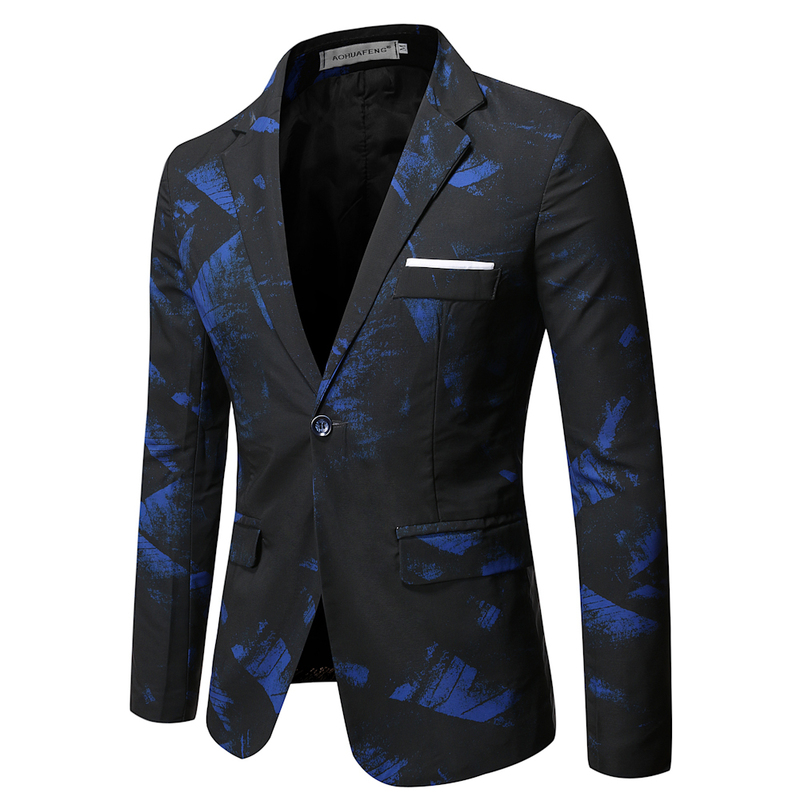 Men's Suits Blazers Gentleman Blazers Men Blue Patterning Printed Suit Jacket Casual Coat Prom Singer Concert Stage Costume Winter Size S-5XL 220