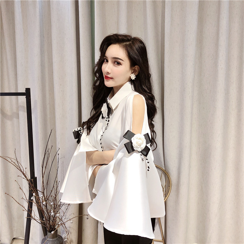 Women's Blouses Shirts Spring Summer Vintage Lapel Strapless Big Flare sleeve Long sleeve Slim Chiffon Shirt 3D Flower Deco Blouse Women 220826