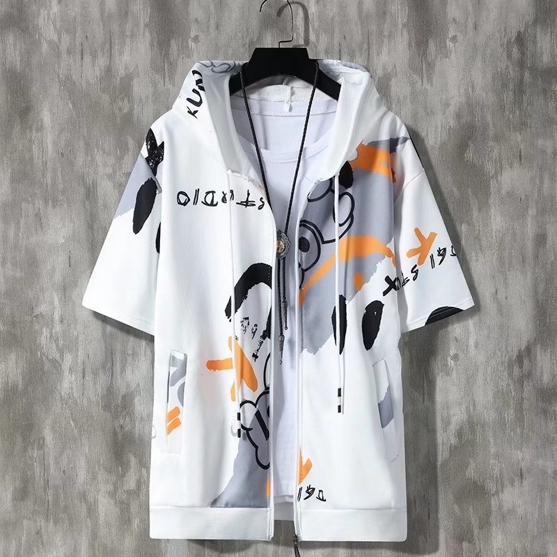 Men's Hoodies Sweatshirts Summer Men's Hoodies Korean Fashion Harajuku Streetwear Short Sleeve Hoodie Men Casual Men Clothing Hooded Zipper 
