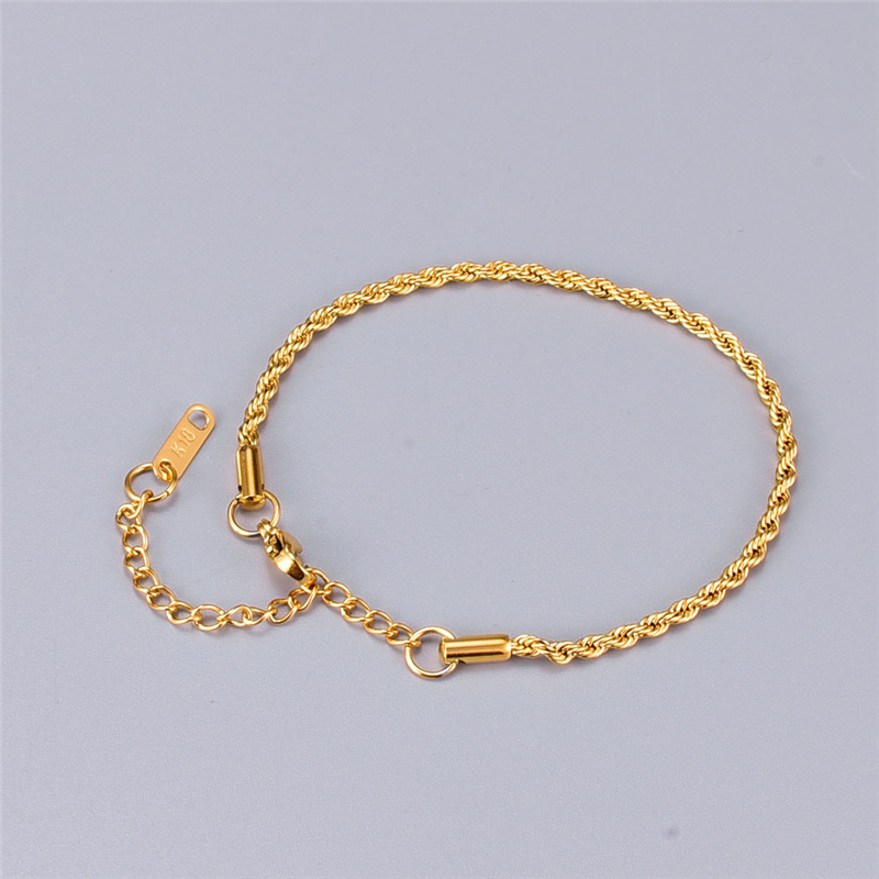 3mm Twisted Rope Chain Bracelets 18K Stamped Gold Plated Titanium Steel Hip Hop Jewelry Women Fashion Sweatproof Bangles Gifts Never Fade Bathing Swimming Can Wear
3mm Twisted Rope Chain Bracelets 18K Stamped Gold Plated Titanium Steel Hip Hop Jewelry Women Fashion Sweatproof Bangles Gifts Never Fade Bathing Swimming Can Wear