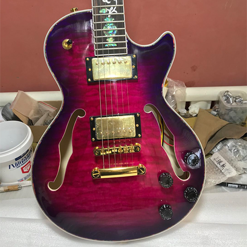 Chinese custom electric guitar arch top and back flamed maple top purple circle F holes semi hollow jazz guitarra
Chinese custom electric guitar arch top and back flamed maple top purple circle F holes semi hollow jazz guitarra