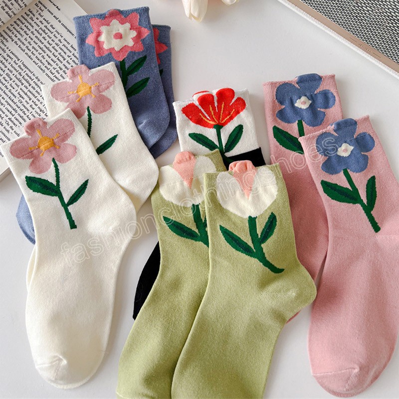 Women's Cotton Middle Tube Tulip Flower Socks Breathable Casual Female Socks Summer Sport Long Sweatwear Sock