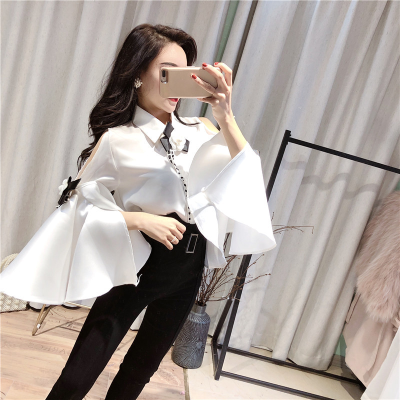 Women's Blouses Shirts Spring Summer Vintage Lapel Strapless Big Flare sleeve Long sleeve Slim Chiffon Shirt 3D Flower Deco Blouse Women 220826