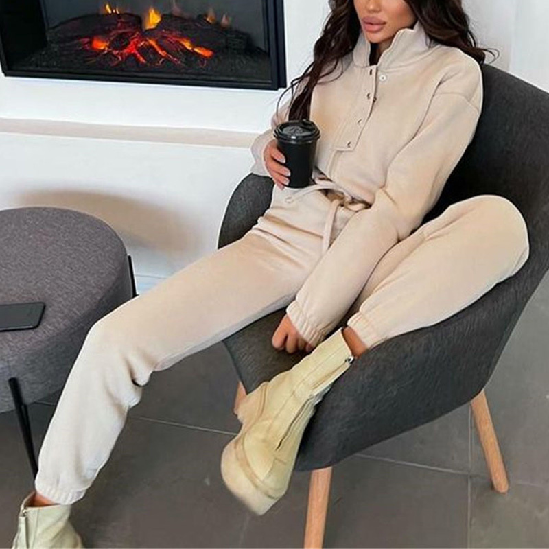 Women's Two Piece Pants Women Stand Collar Jumpsuit Autumn Winter Female Zipper Single Breasted Suit Solid Loose Drawstring Rompers Tracksuits 22