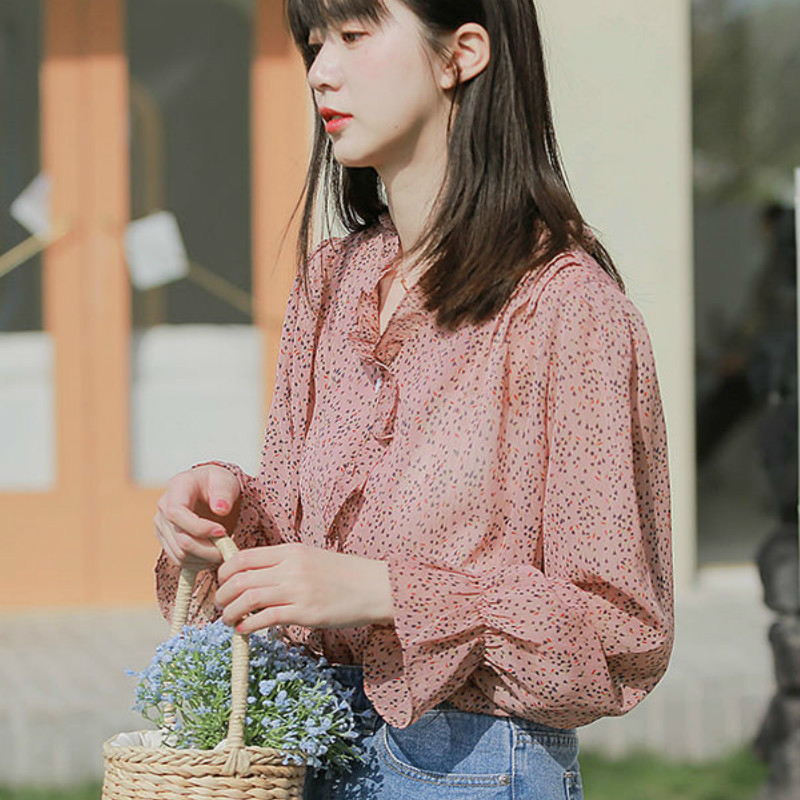 Women's Blouses Shirts Blouses Women Chiffon Ruched Floral Single Breasted Flare Sleeve Gentle Sweet Casual Girls Korean Style Daily Shirts Femal