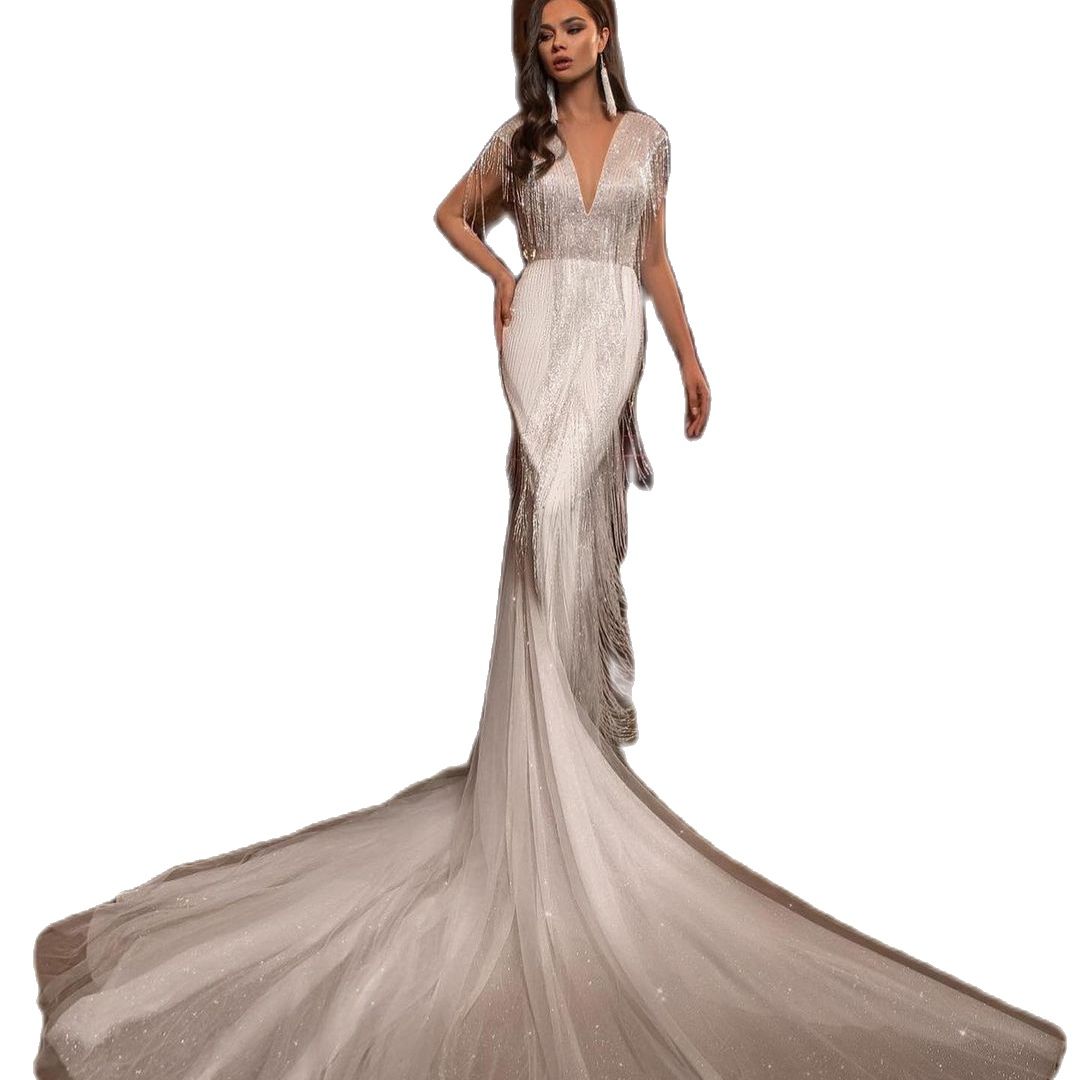 South African Mermaid Wedding Dress Tassel Beading V Neck Bridal Gowns Backless Dubai Bride Dresses