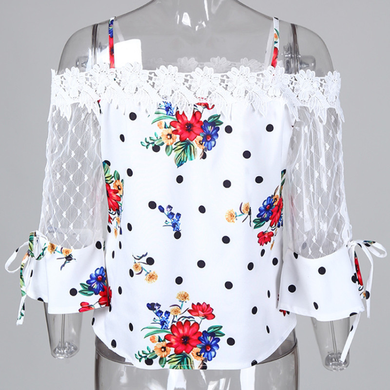 Women's Blouses Shirts Autumn Women Elegant Stylish Party Top Female Fashion Basic Casual Shirt Cold Shoulder Mesh Insert Dots Floral Print Blous
