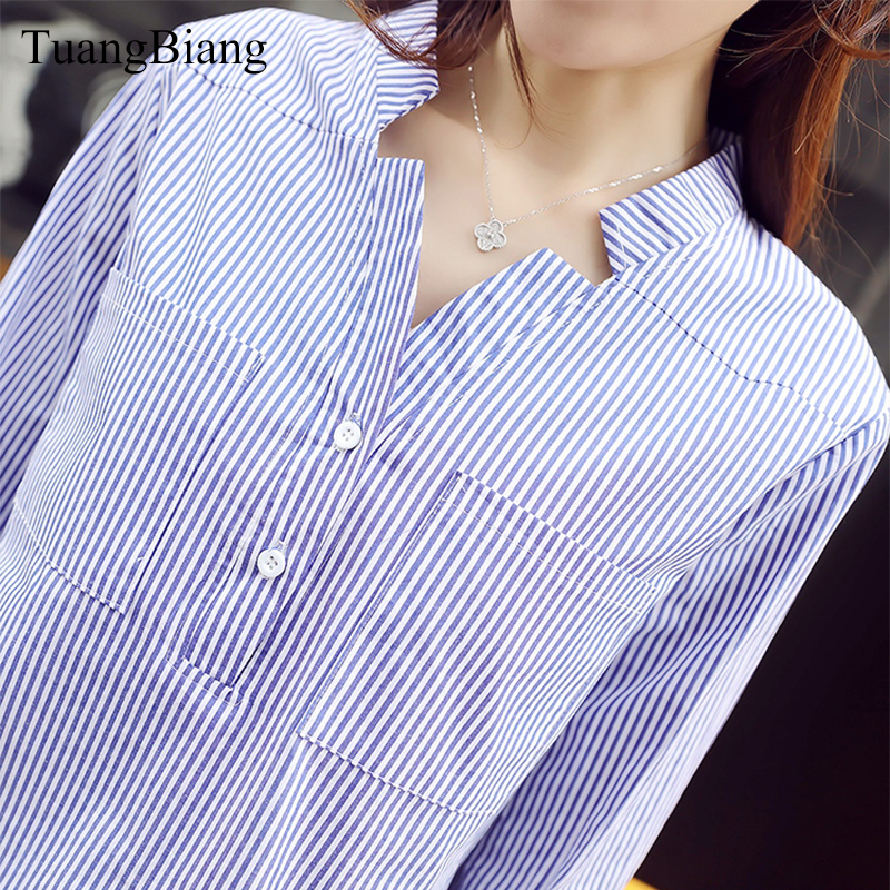 Women's Blouses Shirts Spring Three Quarter Sleeve Stand Collar Shirt Women Blue And White Striped Loose Plus Size Blouse Female Vintage Tops 220