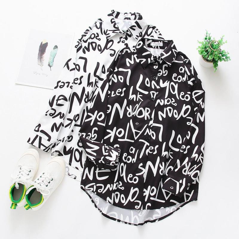 Women's Blouses Shirts Fashion casual BF Blouse streetwear Women Graffiti letter printing Blouses Streetwear Turn Down Collar Long Sleeve Loose S