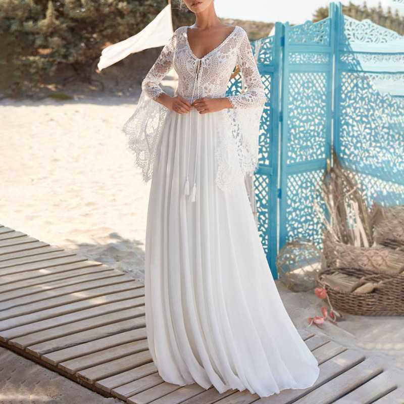 Elegant Summer Boho Wedding Dress 2022 V-neck Lace Chiffon Butterfly Sleeves Open Back Bridal Gowns Robe Mariage Vestidos De Noiva
