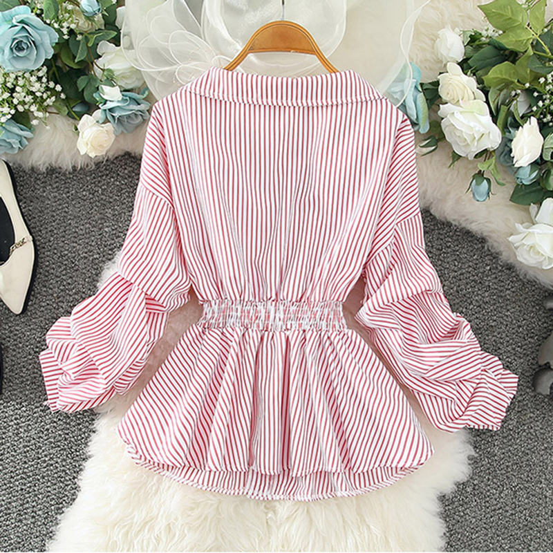 Women's Blouses Shirts stripe blouses Women chiffon longsleeve Tops Fashion Korean shirts Female blouse Spring Autumn princess clothes Vneck 2208