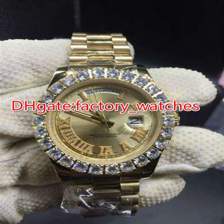 Prong set diamonds bezel watch automatic mens luxury gold 42mm case gold dial Roman markers date Gold Big diamond watches273F
Prong set diamonds bezel watch automatic mens luxury gold 42mm case gold dial Roman markers date Gold Big diamond watches273F