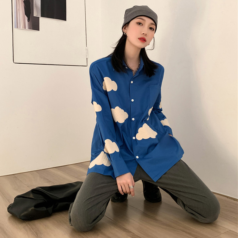 Women's Blouses Shirts Oversized Blue Sky White Clouds embroidery loose shirt Women's blouses Spring Long sleeve Tops Blusas Mujer 220826