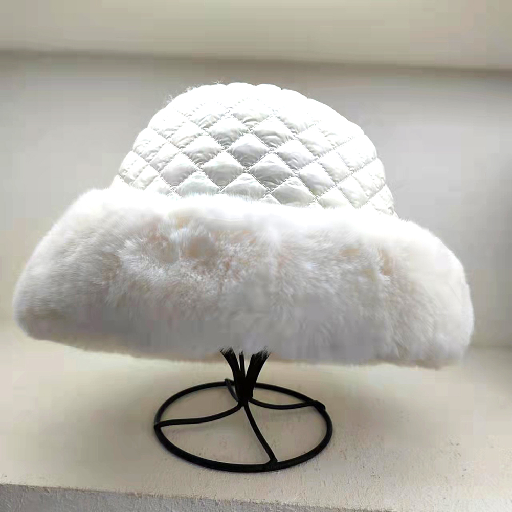 Plaid Down Cotton Cloches Fisherman Hat Women's Autumn Winter Stitching Fluff Thickened Warm Basin Hat Sweet Wild Caps