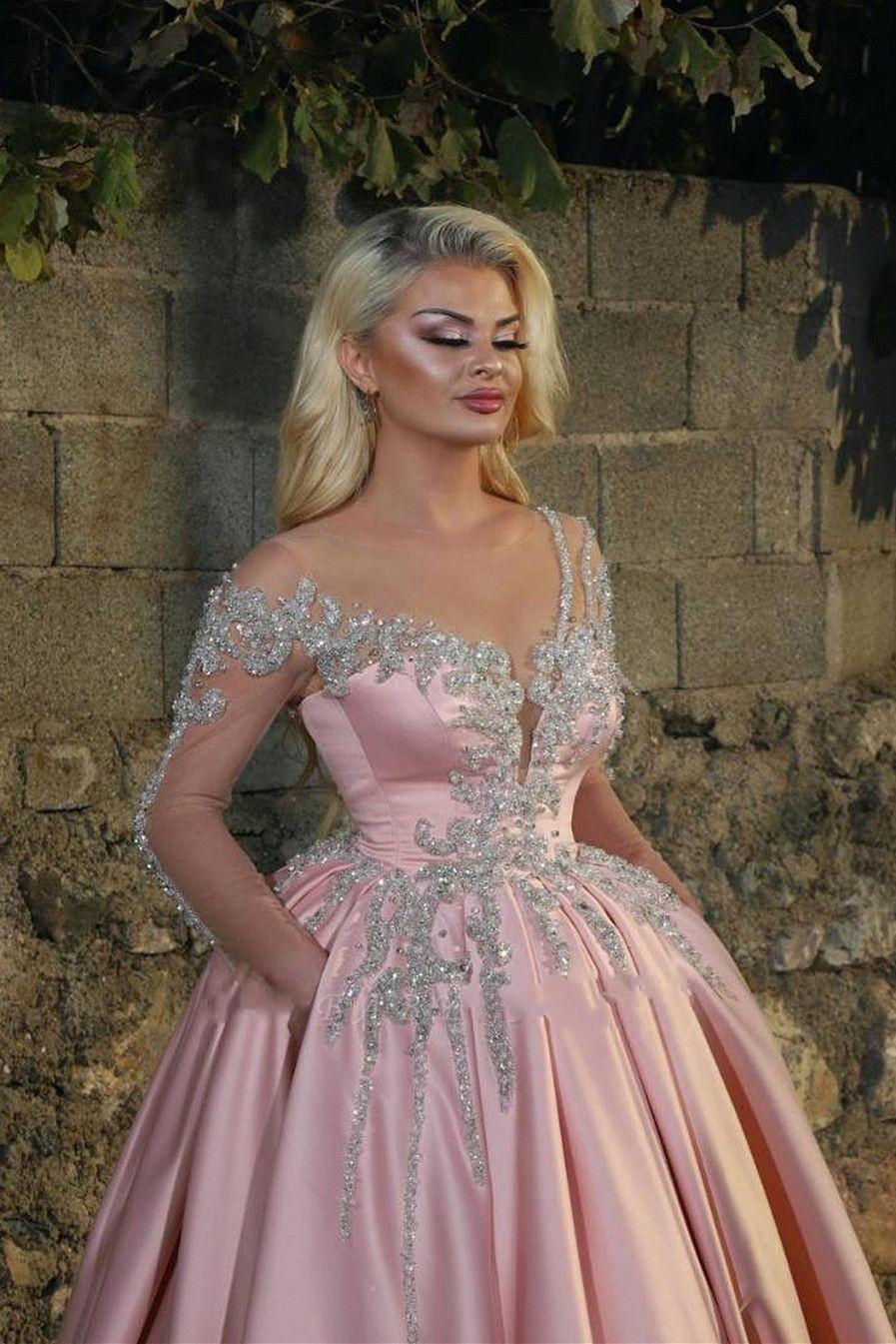 Sexy Vintage Pink Quinceanera Dresses Jewel Neck Illusion Sier Crystal Beads Long Sleeves Satin Sweet 16 Party Prom Dress Evening Gowns 403 6660311