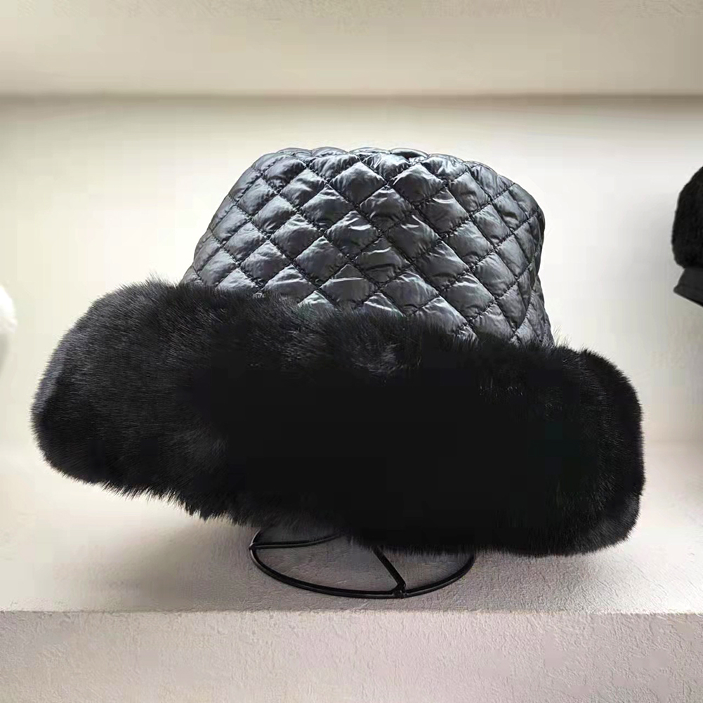Plaid Down Cotton Cloches Fisherman Hat Women's Autumn Winter Stitching Fluff Thickened Warm Basin Hat Sweet Wild Caps