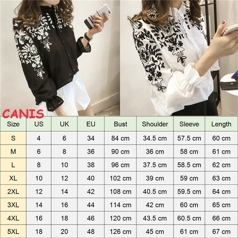 Women's Blouses Shirts Casual Women Girls Embroidery Floral Blouse Loose Long Sleeve Ladies Summer Shirts Puff Sleeve Single Breasted Women Blous