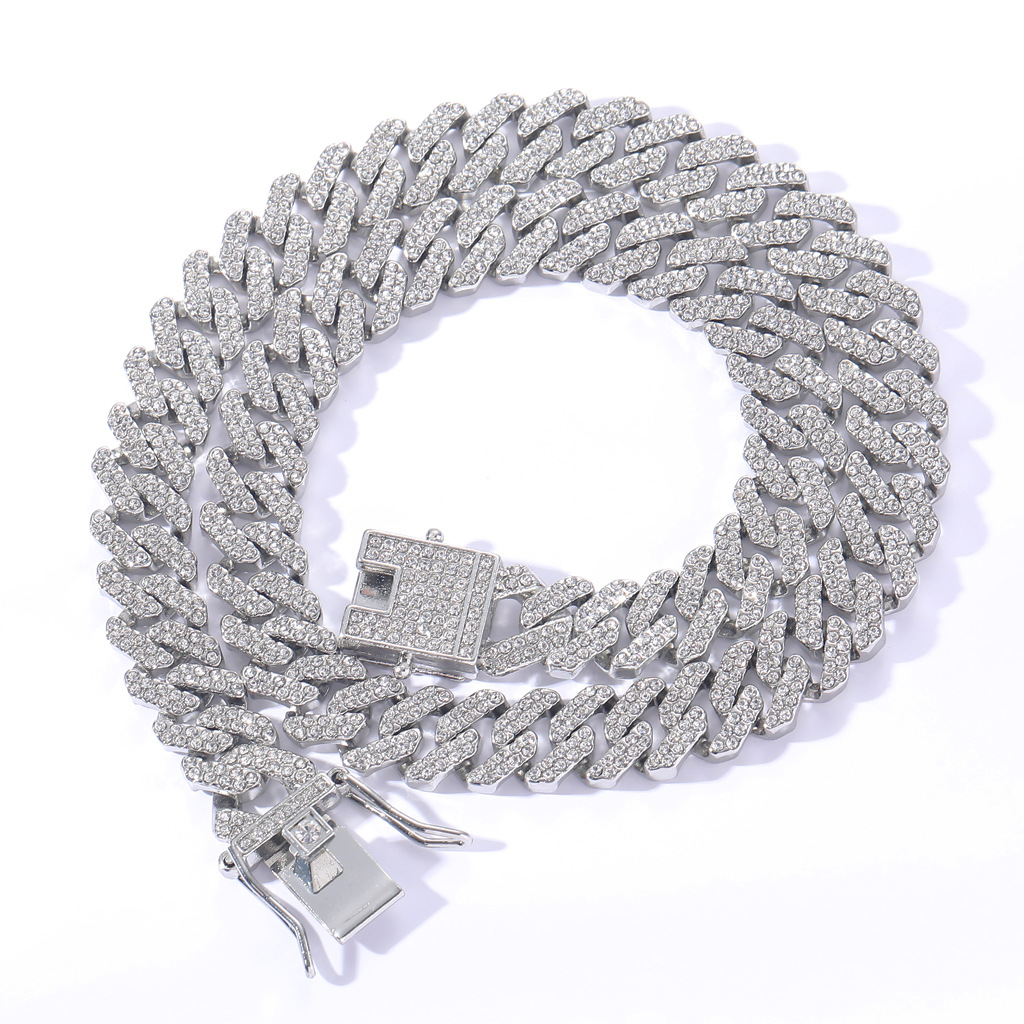 2024 White Gold Fill Hip Hop Cuban Chain Necklace with Sparkg Crystal Pendant - 12MM, Men & Women fffa