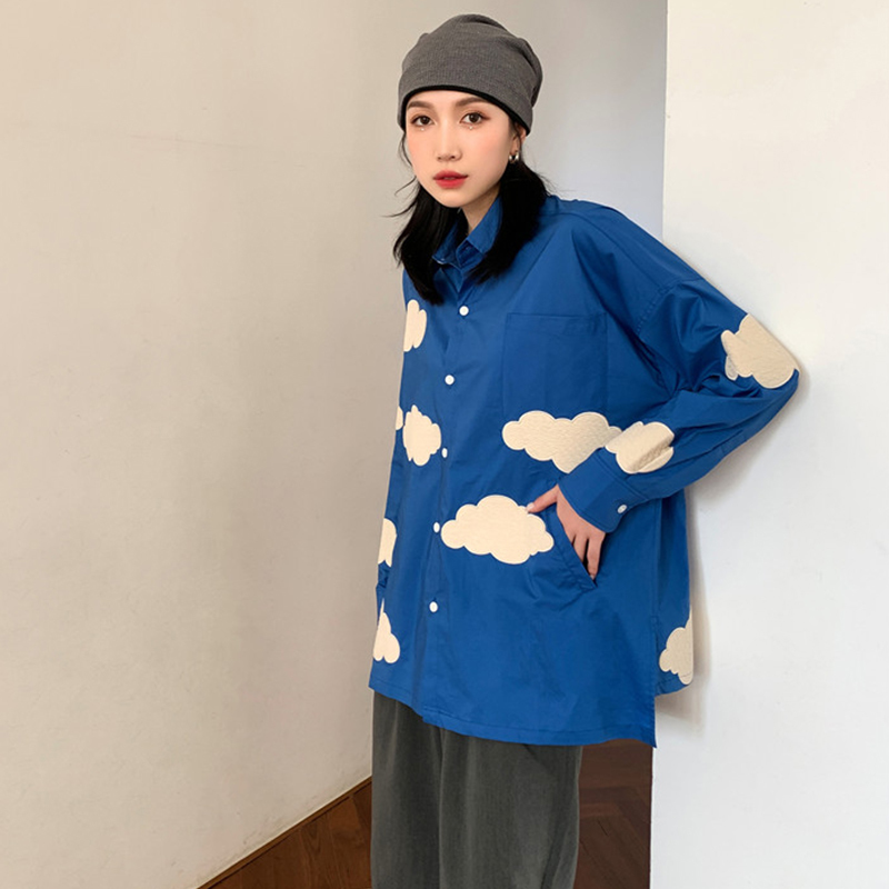 Women's Blouses Shirts Oversized Blue Sky White Clouds embroidery loose shirt Women's blouses Spring Long sleeve Tops Blusas Mujer 220826