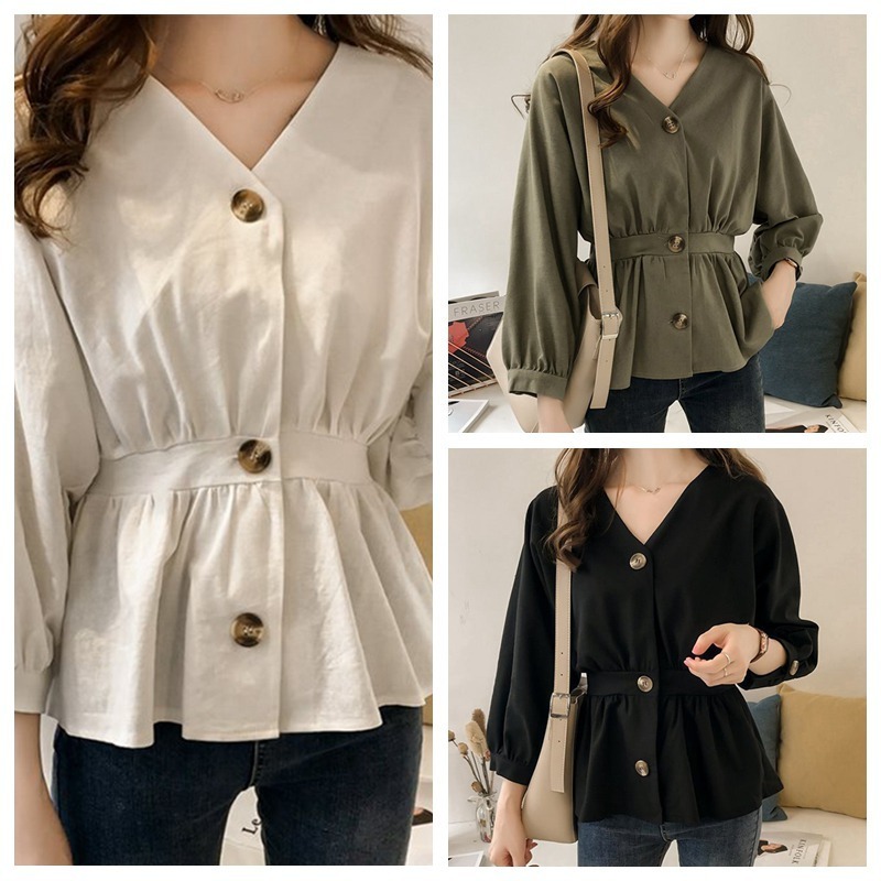 Women's Blouses Shirts Fashion Woman Sexy V Neck Blouses Ladies Elegant Long Sleeve Slim Button Shirt Autumn Kimono Ruffled Hem Shirts 220826