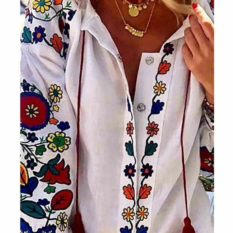 Women's Blouses Shirts Women Casual Flower Cotton Linen Button Long Lantern Sleeve Shirt Blouse Tunic Tops Holiday Beach Wear National Feature Bl