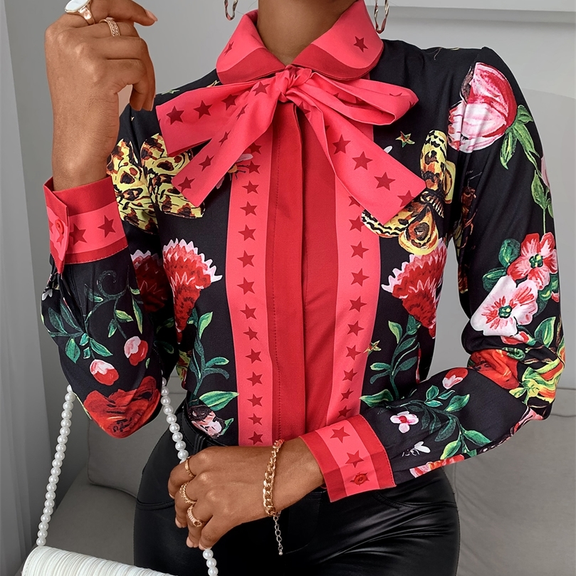 Women's Blouses Shirts Women Casual Autumn Turndown Collar Chic Chiffon Blouse Tie Neck Floral Long Sleeve Blouse Ladies Shirt 220826