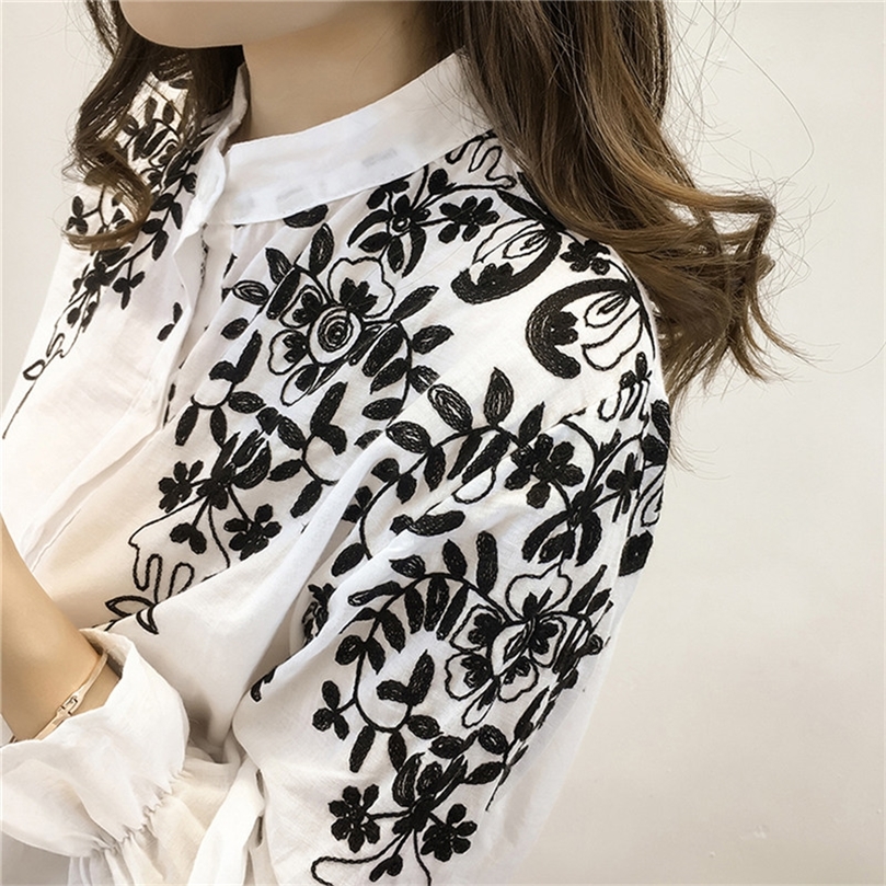 Women's Blouses Shirts Casual Women Girls Embroidery Floral Blouse Loose Long Sleeve Ladies Summer Shirts Puff Sleeve Single Breasted Women Blous