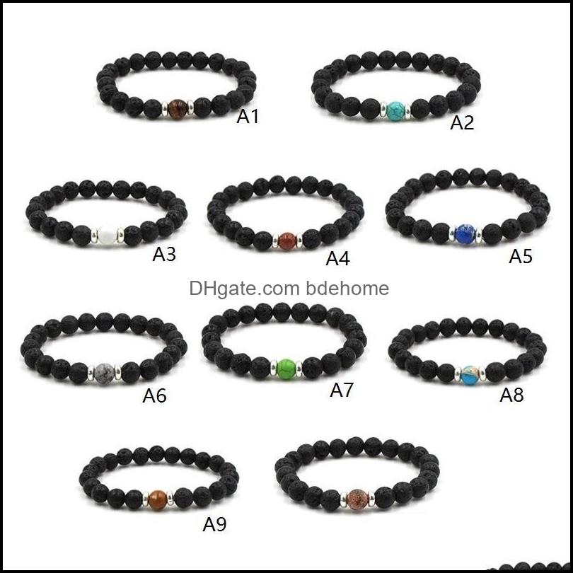Charm Bracelets 10 Colors Natural Black Lava Stone Beads Elastic Bracelet Essential Oil Diffuser Volcanic Rock Beaded Hand Strings Dr Dhwqv