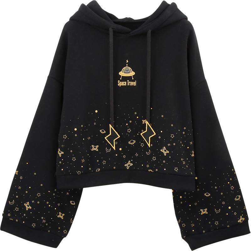Women's Hoodies Sweatshirts Autumn Women Kawaii Short Hoodie Harajuku Flare Long Sleeve Starry Sky Print Lightning Embroidery Drawstring Hooded S