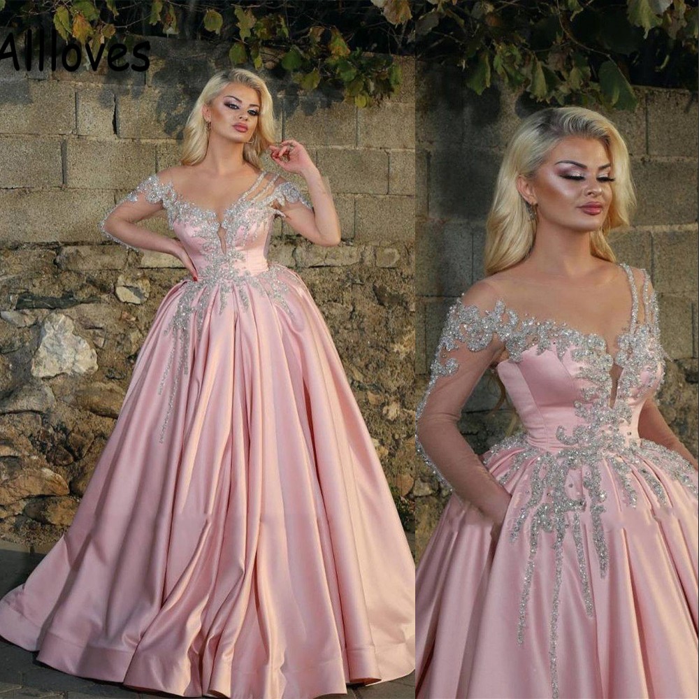 Sexy Vintage Pink Quinceanera Dresses Jewel Neck Illusion Sier Crystal Beads Long Sleeves Satin Sweet 16 Party Prom Dress Evening Gowns 403 6660311