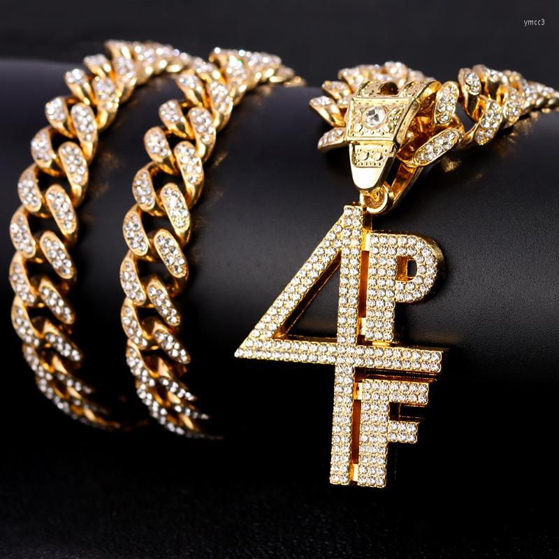 Pendant Necklaces Hip Hop 4PF Letter Crystal Necklace With 13mm Iced Out Rhinestone Cuban Link Chain For Women Men Punk Jewelry