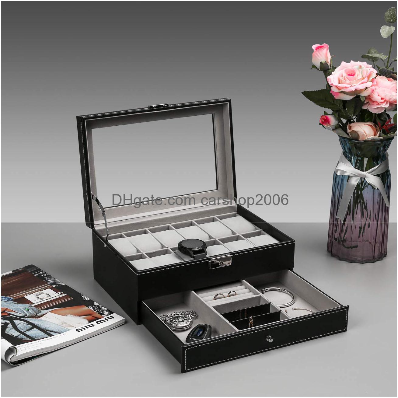 Jewelry Boxes Ogrmar 12 Slot Pu Leather Lockable Watch Storage Men Women Display Der Case 2tier Organizer Showcase With Glass Lid