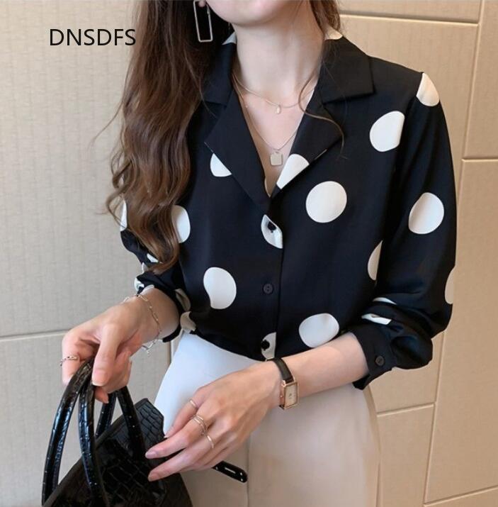 Women's Blouses Shirts Dot Printed Shirts Office Spring Autumn Blouse Women Fashion Long Sleeve Chiffon Shirt Korean Simple Notched Neck Tops 220