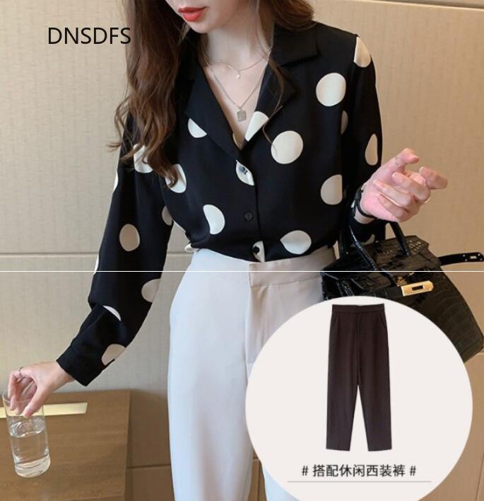 Women's Blouses Shirts Dot Printed Shirts Office Spring Autumn Blouse Women Fashion Long Sleeve Chiffon Shirt Korean Simple Notched Neck Tops 220