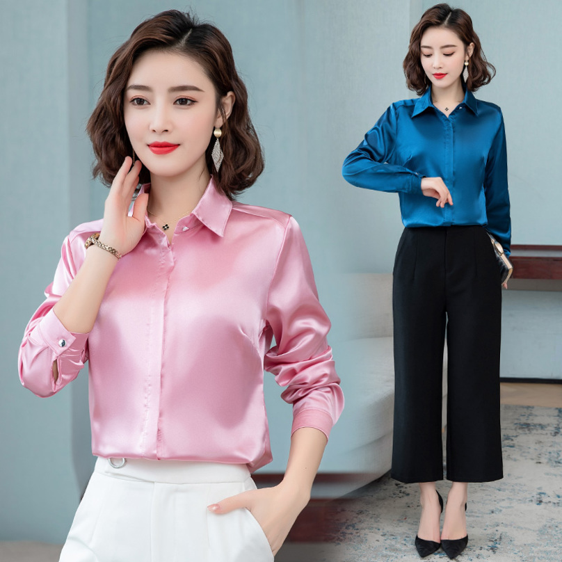 Women's Blouses Shirts Elegant Office Ladies Work Shirt Women Blouse Long Sleeve Lapel Hidden Buttons Bright Basic Satin Silk Women Shirt Female 