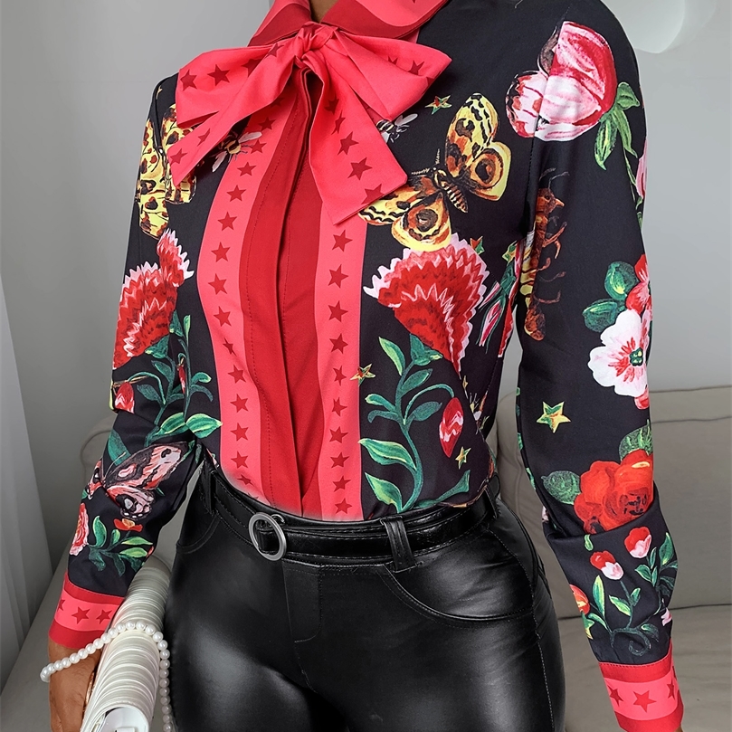 Women's Blouses Shirts Women Casual Autumn Turndown Collar Chic Chiffon Blouse Tie Neck Floral Long Sleeve Blouse Ladies Shirt 220826