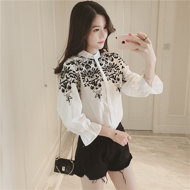 Women's Blouses Shirts Casual Women Girls Embroidery Floral Blouse Loose Long Sleeve Ladies Summer Shirts Puff Sleeve Single Breasted Women Blous