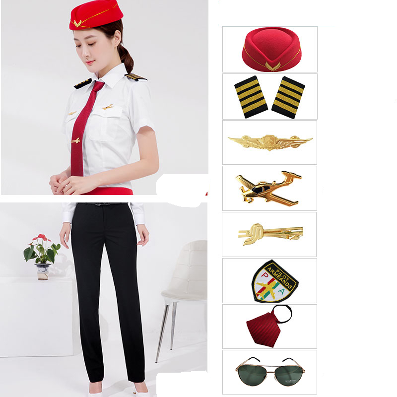Aviation Corporation Pilot Uniform Women's Two Piece Pants Female Short Sleeve Captain Clothing Merchant Airline Blouse Pants Accessories Suit