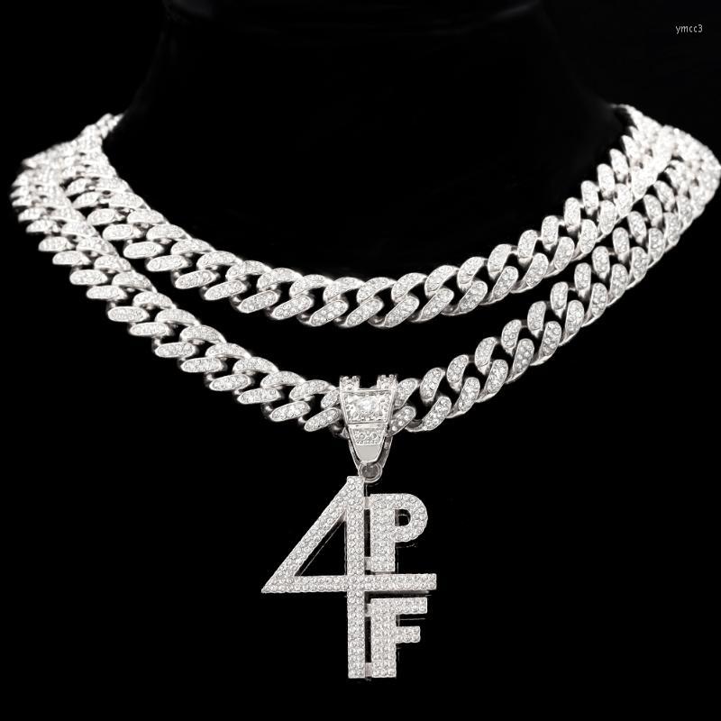 Pendant Necklaces Hip Hop 4PF Letter Crystal Necklace With 13mm Iced Out Rhinestone Cuban Link Chain For Women Men Punk Jewelry