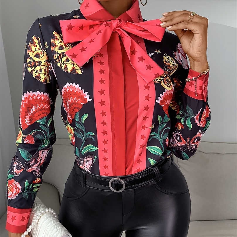 Women's Blouses Shirts Women Casual Autumn Turndown Collar Chic Chiffon Blouse Tie Neck Floral Long Sleeve Blouse Ladies Shirt 220826